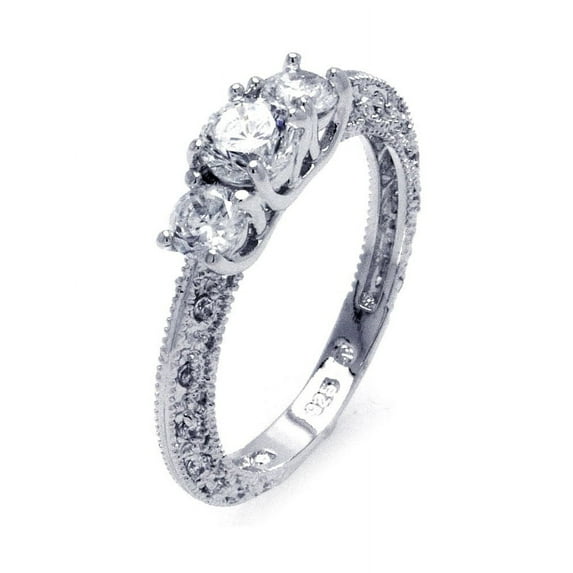 Clear Prong Set Cubic Zirconia Past Present Future Decorative Sides Ring Sterling Silver Size 6