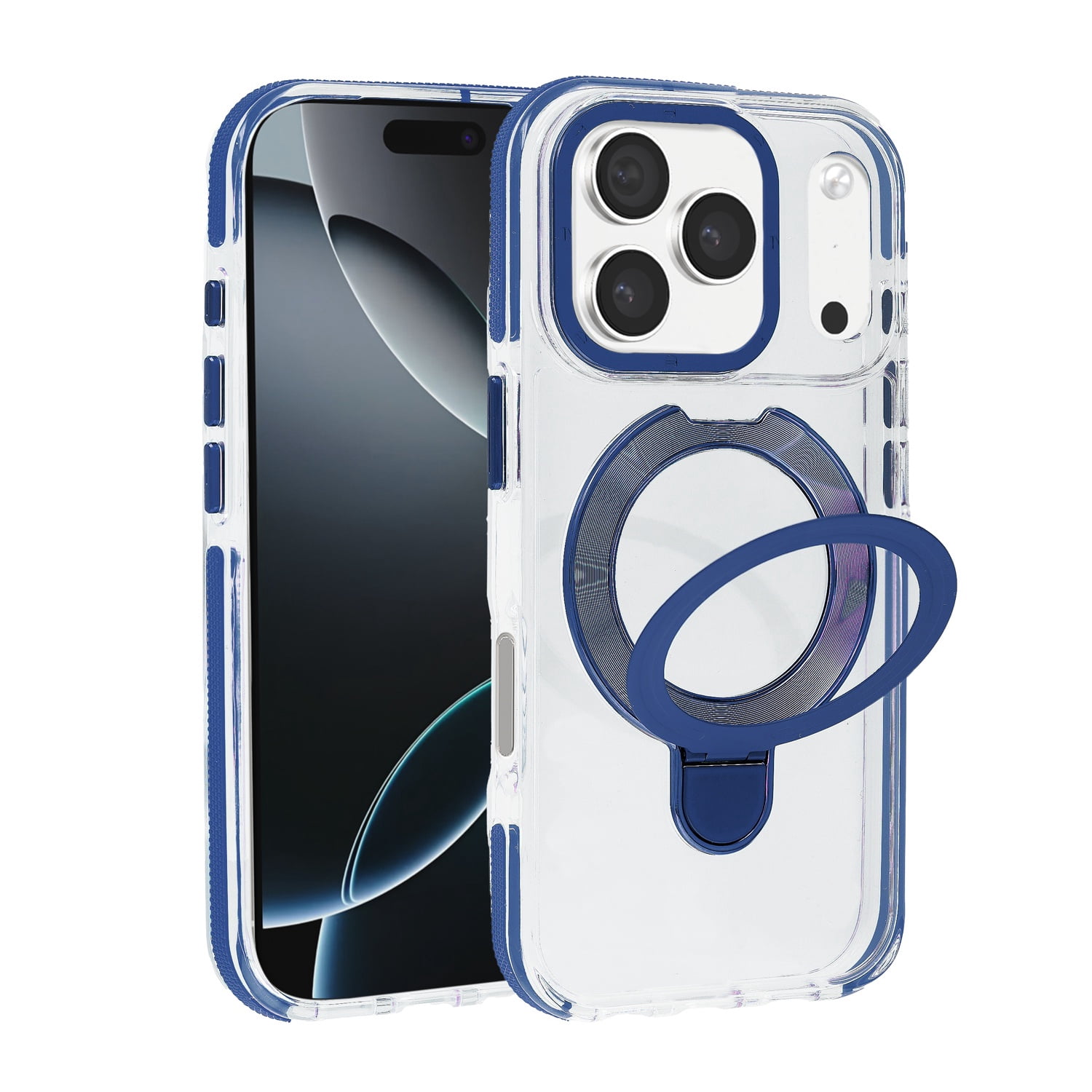 Clear Protective Case with Wireless Charging and Kickstand for iPhone 17 Pro Max - Blue