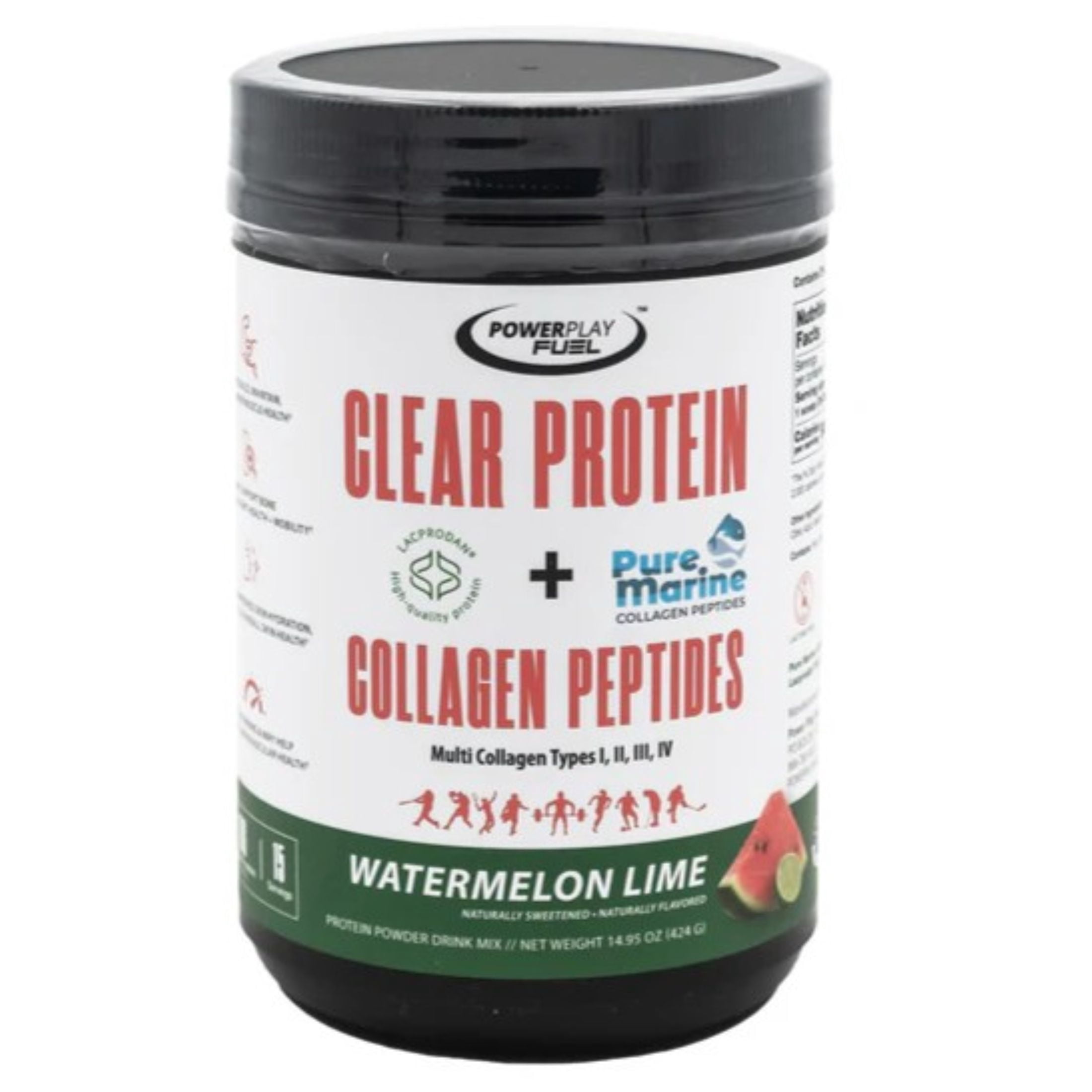 Clear Protein & Collagen Peptides Protein Powder Drink Mix - Naturally Sweetened & Flavored Protein + Marine Collagen - 15 Servings (Watermelon Lime)