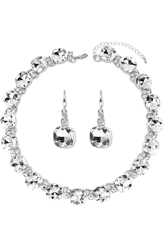 Clear Purple Austrian Crystal Wedding Bridal Jewelry Set for Brides Bridesmaid, Gemstone Statement Necklace and Earring Set Formal Prom Jewelry Set for Silver-Tone Fit With Wedding Evening Dress