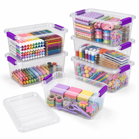 Clear Purple Plastic Stackable Storage Containers, 6 Pack 7 Qt Organizer Bins
