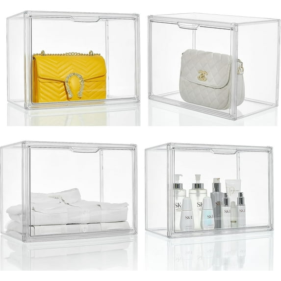 Clear Purse Organizer for Closet, Plastic Handbag Storage Organizer 4 Pack Clear Acrylic Display Case with Magnetic Door for Wallet, Book, Cosmetic, Clutch Organization