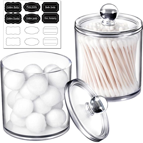 Clear Qtip Holder with Labels-Shatterproof Plastic Jars for Bathroom Organization- Swab Holder Canisters for Balls, Pads, Floss Picks-Minimalist Decor