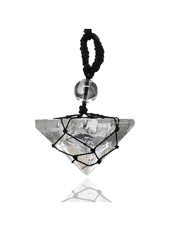 Clear Quartz Crystal Pyramid Macrame Necklace, Unique Women Men Pendant