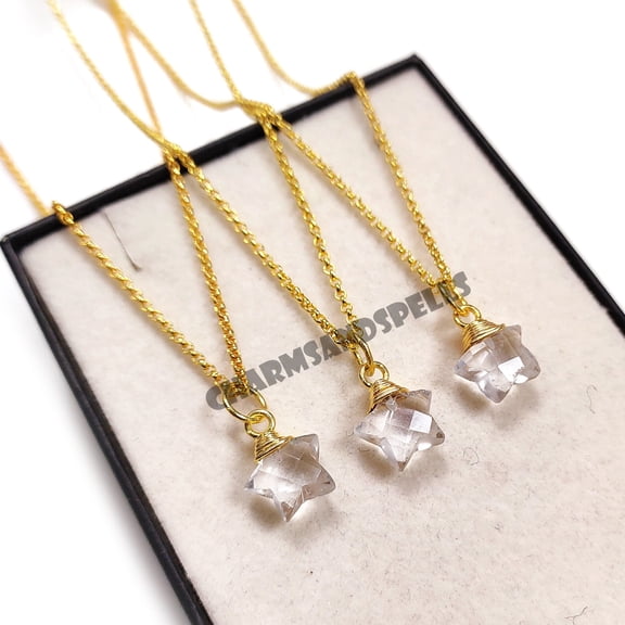 Clear Quartz Crystal Star Necklace, Clear Quartz Star Pendant, 14K Gold Plated Necklace, Natural Crystal Jewelry, Healing Crystal
