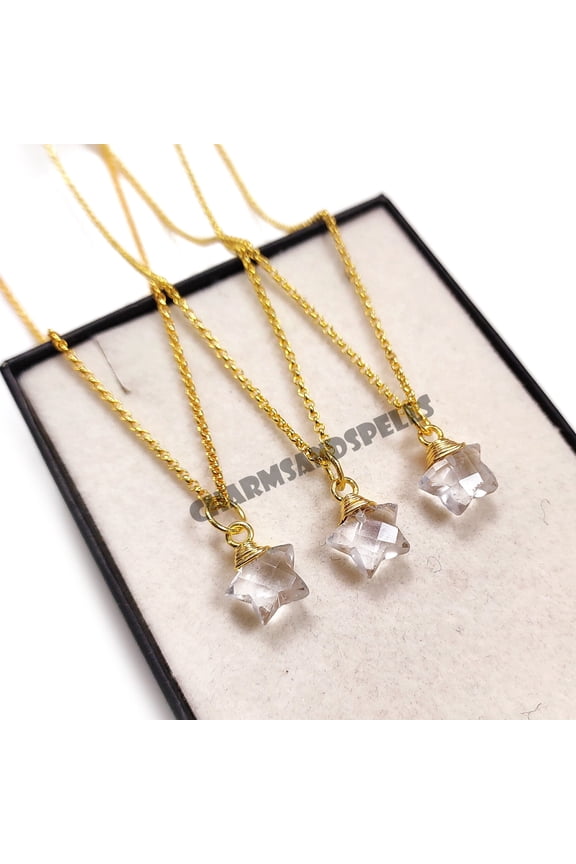 Clear Quartz Crystal Star Necklace, Clear Quartz Star Pendant, 14K Gold Plated Necklace, Natural Crystal Jewelry, Healing Crystal