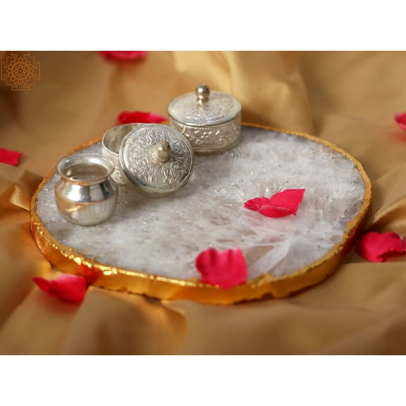 Clear Quartz Plate with Kumkum Box and Gangajali | with Gift Box