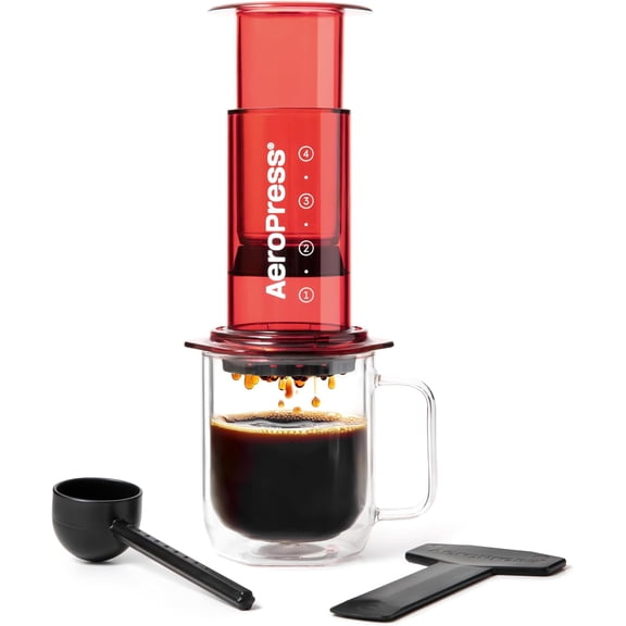 Clear Red French Press Pour-Over and Espresso Style Manual Coffee Brewer Standard Size