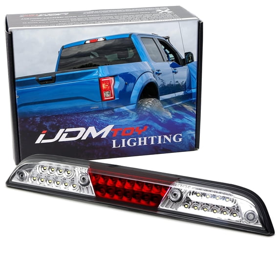 Clear/Red Lens w/Chrome Reflector Full LED High Mount Third Brake Lamp w/ F1 Strobe Flash Feature For Ford 2015-2020 F-150, 2017-up F-250 F-350, 2019-up Ranger, 2022-up Maverick
