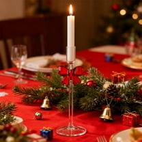 Clear Red Short Glass Taper Candle Holder with Bow - Romantic High Candle Stand, Perfect for Christmas, Dining Room, Home Decor & Table Settings, 8*3.25in, A