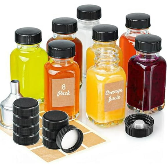 Clear Reusable Ginger Shot Bottles with Caps - 8 Pack 2 oz Small Square Glass Jars with 8 Sealed Conical Inner Caps & 8 Airtight Lids, Wide Mouth Juice bottles for Fridge, Extra Sticker, Funnel$$