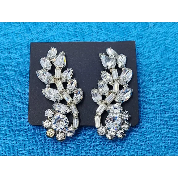 Clear Rhinestone Climber Vining Clip-on Earrings Marquise Baguette VTG Unsigned