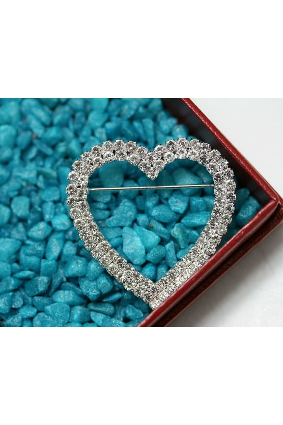 Clear Rhinestone Open Heart Brooch Pin Silver Tone Bling Shiny Sparkly, Valentine's day Heart Jewelry