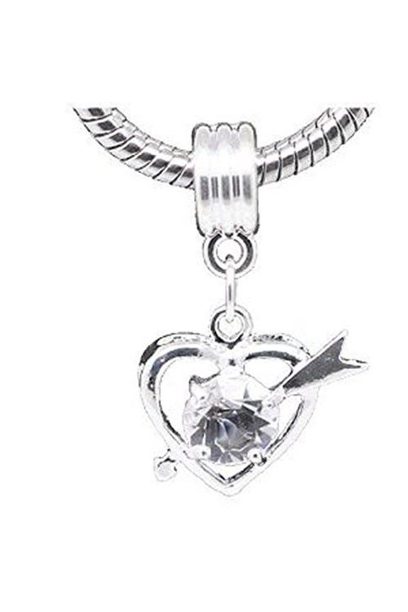 Clear Rhinestone Qupid Heart Dangle Charm European Bead Compatible for Most European Snake Chain Bracelet