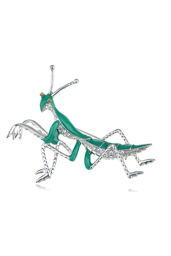 Clear Rhinestone Silver Tone Mantis Insect Grasshopper Green Enamel Pin Brooch