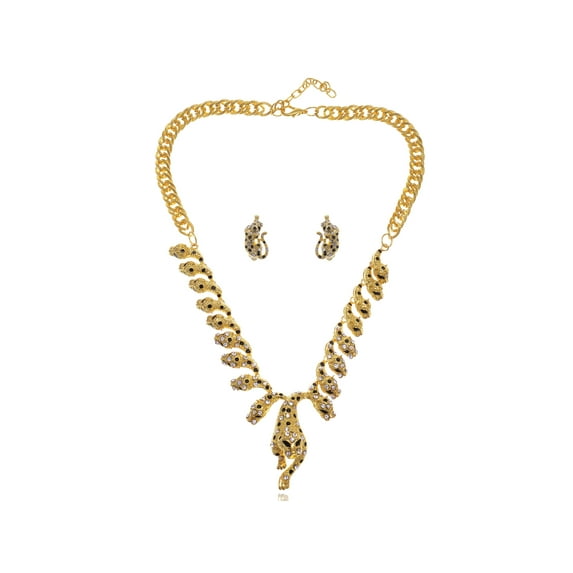 Clear Rhinestones Black Enamel Leopard Cheetah Cat Earring Necklace Set