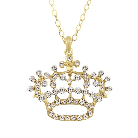 Clear Rhinestones Princess Queen Crown Pendant Necklace, Gold