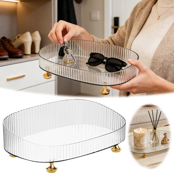 Clear Ribbed Decorative Storage Tray - PET+ABS Multipurpose Organizer with Gold Feet, Vanity Tray for Makeup, Jewelry, Keys & Home Decor