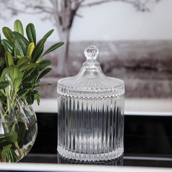 Clear Ribbed Glass Jar with Lid, 4" x 6" Decorative Storage Canister