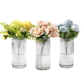 Clear Ribbed Glass Vases Set of 3, 8 Inch Tall Cylinder Flower Vases, Modern Vases for Tulips Roses, Home Decor for Living Room Dining Table Wedding Office Bookshelf