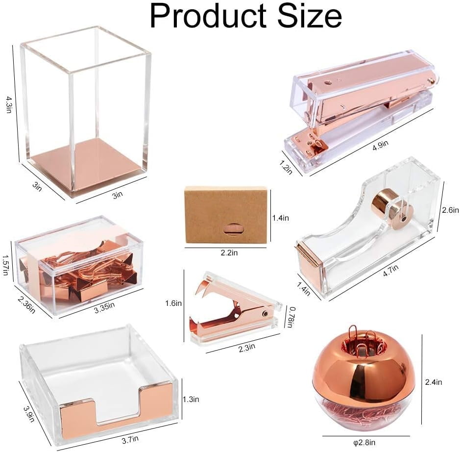 Clear Rose Gold Acrylic Office Desk Supplies Set Stapler, Tape