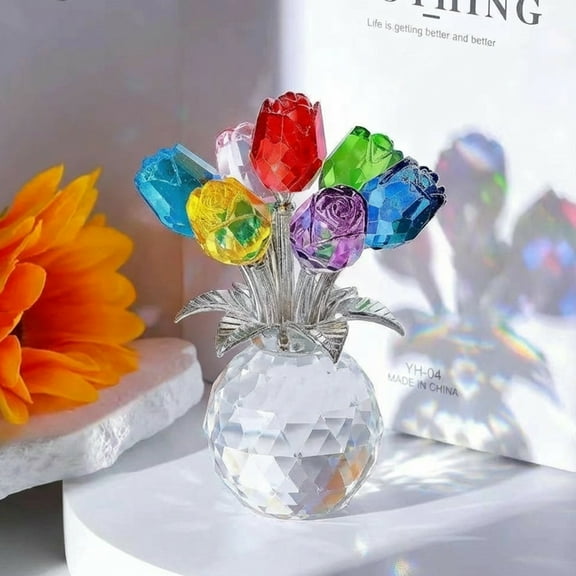 Clear Roses Bouquet Figurines, Glass Rose Flowers with Round Vase, Transparent Bouquet for Home Birthday Party Wedding Valentines Day Mother's Day