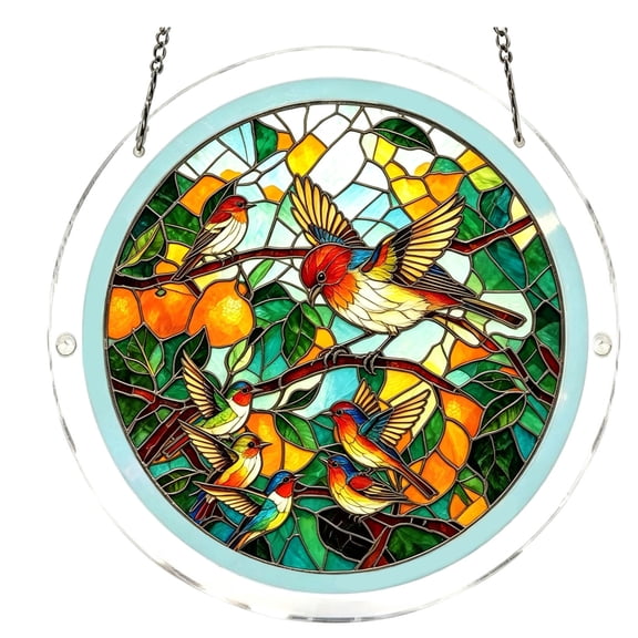 Clear Round Acrylic Suncatcher With Dual Metal Hanging Wires, Tiffany Mosaic Two Colorful Parrots Perched On Branches Surrounded By Lush Tropical Green Leaves Window Sign