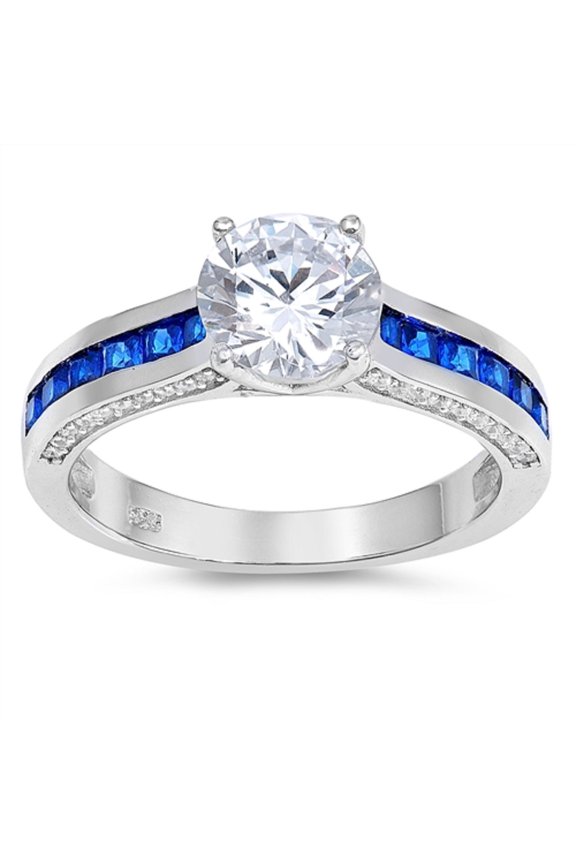 Clear Round Cubic Zirconia Center With Blue Simulated Spinal Solitaire Ring Sterling Silver