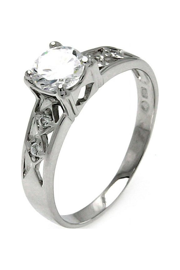 Clear Round Cubic Zirconia Diamond Shaped Sides Bridal Ring Rhodium Plated Sterling Silver Size 8