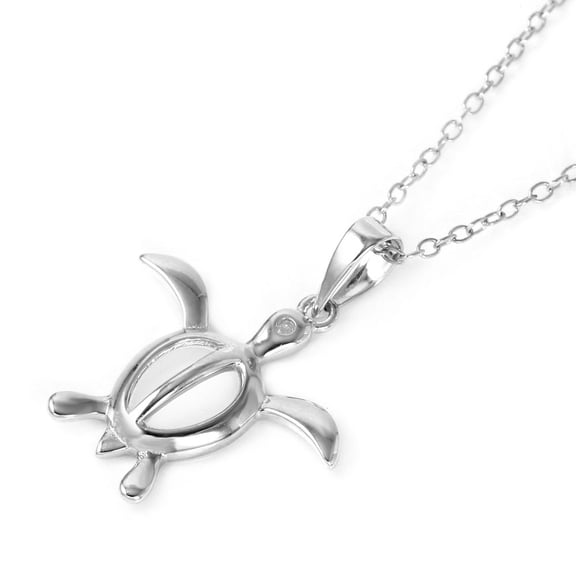 Clear Round Cubic Zirconia Sea Turtle Pendant Necklace Sterling Silver