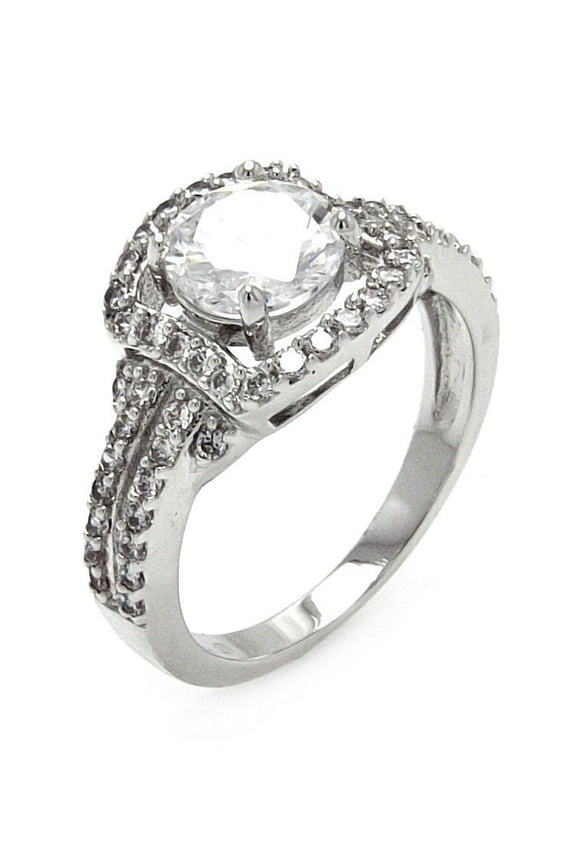 Clear Round Cubic Zirconia Surrounded With Small CZ Stones Ring Rhodium Plated Sterling Silver Size 7