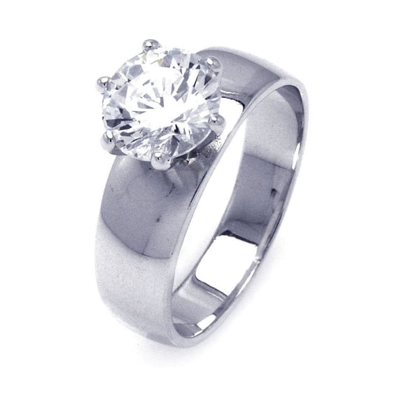 Clear Round Cubic Zirconia Wide Band Solitaire Ring Rhodium Plated Sterling Silver Size 9
