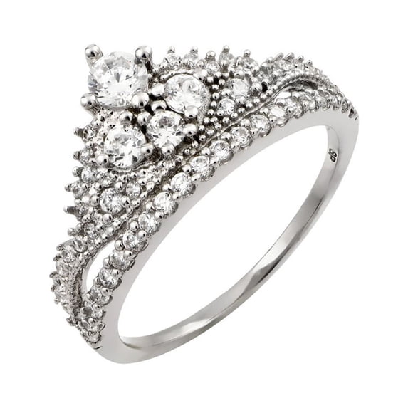 Clear Round Pave Set Cubic Zirconia Tiara Ring Rhodium Plated Sterling Silver Size 8