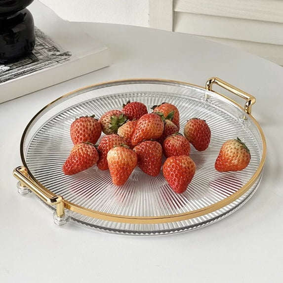 Clear Round Tray for Coffee Table, Transparent Plastic Storage Organizer with Handles, Home Living Room Tea Cup Dessert Server, Entryway Key Mail Catchall Decorative Centerpiece, AESTIVO
