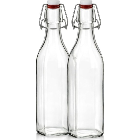 Clear SQUARE Swing Top Glass Bottles With Lids - 33.75 Oz - Airtight Flip Top Glass Water Bottles Great For Oil And Vinegar, Beverages, Juices, Smoothies - (2 Pack) (Not For Carbonated Beverages)