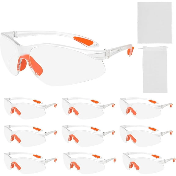 Clear Safety Glasses, Pack of 10,Scratch & Impact Resistant, One Size, Wrap Around Eyewear