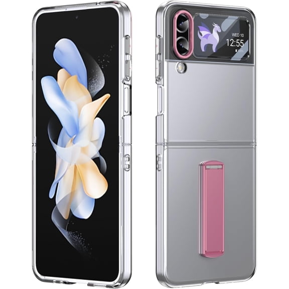Clear for Samsung Galaxy Z Flip 4 Case with Kickstand, Built-in Screen Protector [Horizontal & Vertical Stand] Crystal Clear Slim Fit Anti-Yellow Scratch Resistant Shockproof Case, Pink