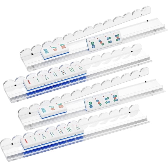 TTZZYSAH 4-Pack American Mahjong Tile Game Rack Set with Pushers, Thick Clear Acrylic, Scalloped Edge, Non-Slip Design