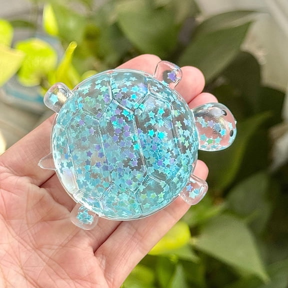 Clear Sea Turtle Squeeze Toy with Star Glitter Slow Rising Stress Relief Fidget Toy for All Ages,Sky Blue