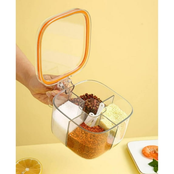 Clear Seasoning Box 4 Compartments Sealed Seasoning Box With Lid Seasoning Box With Cover And Serving Spoons Kitchen Condiment Jars Plastic Seasoning Box Container/ Five-Grid Seasoning Box Orange