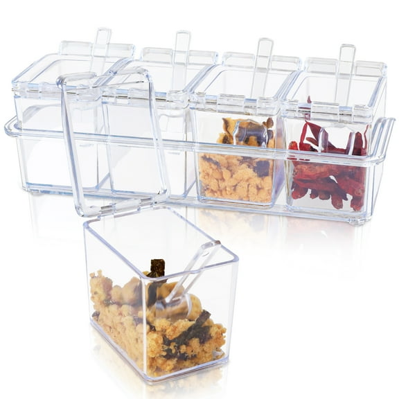 Clear Seasoning Box, Seasoning Rack Spice Pots, Plastic Storage Container Condiment Jars with Lids and Spoon, Kitchen Organization Containers for Spice, Salt, Sugar, Cruet (4 Piece )