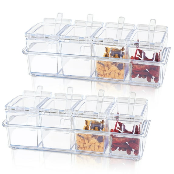 Clear Seasoning Box, Seasoning Rack Spice Pots, Plastic Storage Container Condiment Jars with Lids and Spoon, Kitchen Organization Containers for Spice, Salt, Sugar, Cruet (8 Piece )