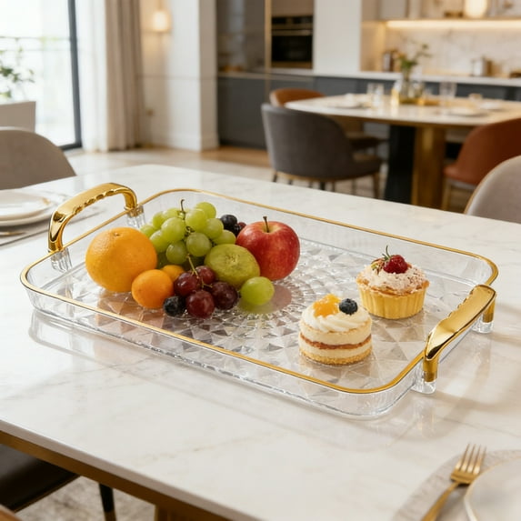 Clear Serving Tray with Armrests for Living Room | 1-Piece Snack & Fruit Tray Set for Teacups, Desserts, and Party Food | 13.39" and 9.45" Rectangular Trays