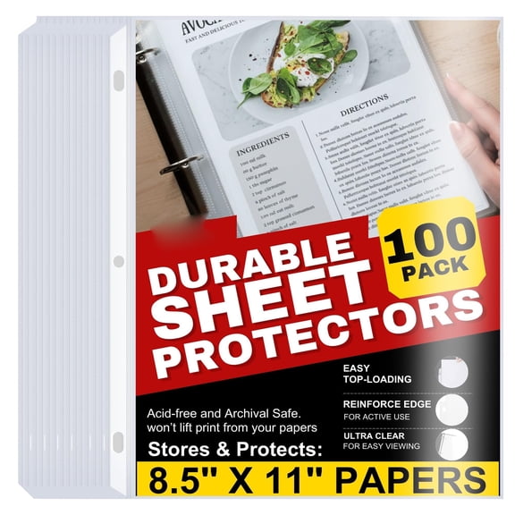 Clear Sheet Protectors for 3 Ring Binder, 100 Pack 8.5x11 Inch Top Loading Plastic Sleeves, Reinforced Holes, Archival Safe Document Protectors, Photos, Office Use, Clear
