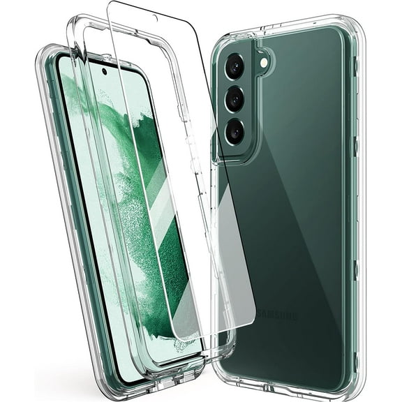 Clear Shockproof Case for Samsung Galaxy S22 5G with 2 Packs Tempered Glass Screen Protectors, 3 Layers in 1 Full Body Protection Hard PC Back and Front Cover with Flexible TPU Bumper Shell