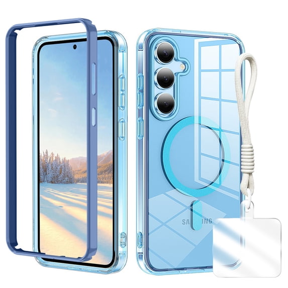 Clear Shockproof Galaxy S24+ Plus Case with Hand Strap, Anti-Yellow Hard PC Back & Soft TPU Bumper Protective Cover, Compatible with Mag-Safe Phone Case for Samsung Galaxy S24+ Cover,Blue