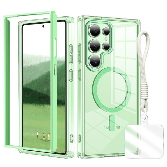 Clear Shockproof Galaxy S24 Ultra Case with Hand Strap, Anti-Yellow Hard PC Back & Soft TPU Bumper Protective Cover, Compatible with Mag-Safe Phone Case for Samsung Galaxy S24 Ultra Cover,Green