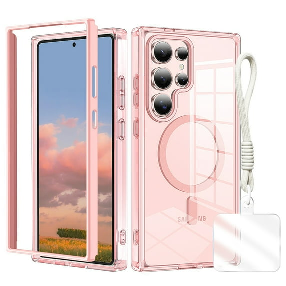 Clear Shockproof Galaxy S24 Ultra Case with Hand Strap, Anti-Yellow Hard PC Back & Soft TPU Bumper Protective Cover, Compatible with Mag-Safe Phone Case for Samsung Galaxy S24 Ultra Cover,Pink