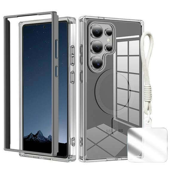 Clear Shockproof Galaxy S24 Ultra Case with Hand Strap, Anti-Yellow Hard PC Back & Soft TPU Bumper Protective Cover, Compatible with Mag-Safe Phone Case for Samsung Galaxy S24 Ultra Cover,Grey