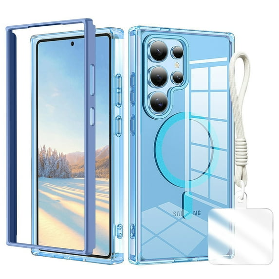 Clear Shockproof Galaxy S24 Ultra Case with Hand Strap, Anti-Yellow Hard PC Back & Soft TPU Bumper Protective Cover, Compatible with Mag-Safe Phone Case for Samsung Galaxy S24 Ultra Cover,Blue